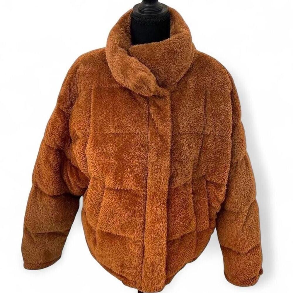Kendall & Kylie Brown Teddy Fleece Puffer Jacket Women’s M/L - Picture 2 of 9